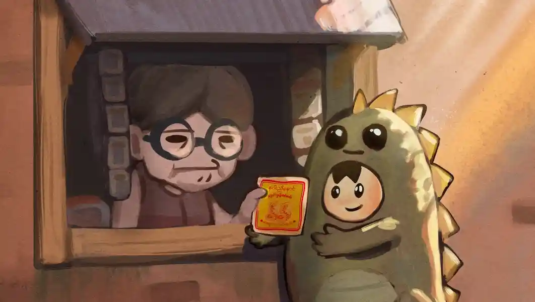 a kid in dino suit buying the product